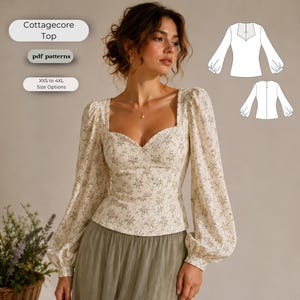 Puede incluir: Una blusa de manga larga con escote corazón y un pequeño estampado floral en crema y marrón. La prenda presenta mangas abullonadas y un cuerpo entallado. El texto en la imagen incluye Cottagecore Top, pdf patterns y XXS to 4XL Size Options.