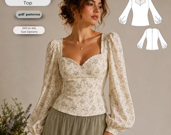 Cottagecore Blouse Sewing Pattern | Sweetheart Neck, Bishop Sleeve PDF