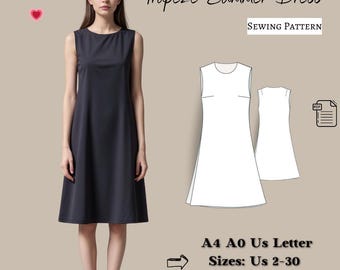Puede incluir: Un patrón de costura para un vestido de verano de forma trapezoidal. El patrón incluye las tallas US 2-30, XS a 4XL. El patrón está disponible en tamaños A4, A0 y US Letter. El patrón es para un vestido sin mangas con cuello redondo.