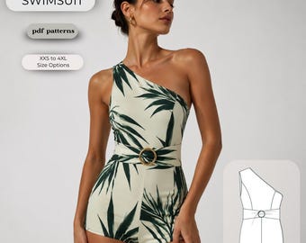 One Shoulder Swimsuit Romper Sewing Pattern, Belted Swimwear PDF (Instant Download)