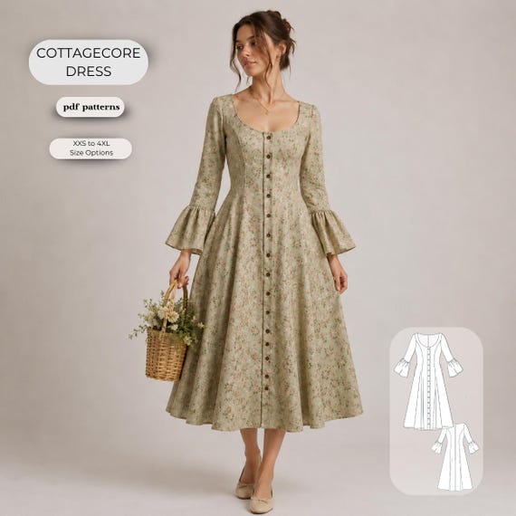 Cottagecore Button Front Dress Sewing Pattern, Vintage Midi Summer Dress, Scoop Neck, XS-4XL