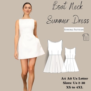 Op de afbeelding: Een naaipatroon voor een witte zomerjurk met een boot hals. Het patroon bevat instructies voor maten 34 tot 52, XS tot 4XL. Het patroon is verkrijgbaar in A4, A0 en US Letter formaten.