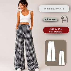 Puede incluir: Pantalones de pierna ancha a cuadros blancos y negros con cintura con cordón. La imagen también muestra un top corto blanco. El texto en la imagen dice "WIDE LEG PANTS", "pdf patterns" y "XXS to 4XL Size Options".