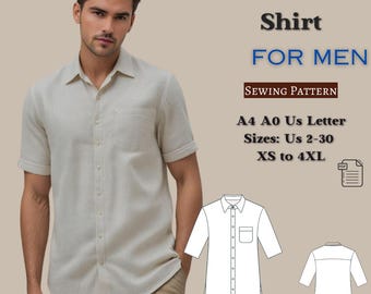 May include: A sewing pattern for a short sleeve shirt in sizes XS to 4XL. The pattern is available in A4, A0, and US Letter sizes. The pattern is for a shirt with a button-down collar and a pocket on the left side.