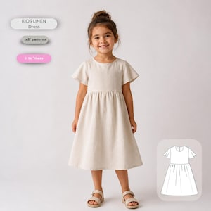 May include: A beige linen dress with short flutter sleeves, a round neckline, and a gathered waistline. Text on the image reads: KIDS LINEN Dress, pdf patterns, 2-16 Years. A white line drawing of the dress is shown in the bottom right corner.