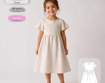 Kids Linen Dress Sewing Pattern | Flutter Sleeve, High Waist (PDF Download)