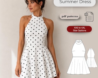 Polka Dot Halter Mini Dress Sewing Pattern | Fit & Flare Summer Dress (Digital Download)