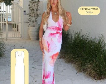 Floral Bodycon Maxi Dress Sewing Pattern, Halter Neck (PDF Pattern)
