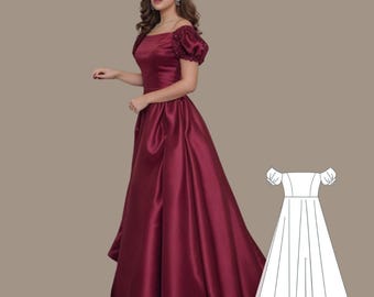 May include: A burgundy off-the-shoulder gown with puff sleeves and a flowing skirt. A white line drawing of a similar dress is shown in the background.