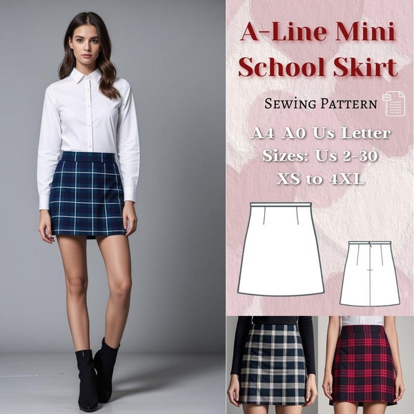 A line Mini Skirt Sewing Pattern, School Skirt, College Skirt, Mini Skirt Pattern,   Plaid Skirt PDF Pattern, A4 A0 XS- 4XL.