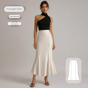 Può includere: Una gonna a tromba lunga fino ai piedi, a vita alta, in tinta unita bianco sporco. La gonna presenta una finitura liscia simile al raso, una vita aderente e un orlo svasato. Il testo sull'immagine recita Trumpet Skirt, pdf patterns e XXS to 4XL Size Options.