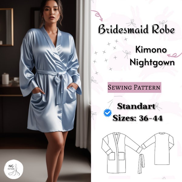 Bridesmaid Robe Sewing Pattern, Bridesmaid pajama set, Bridal Shower Robe, Kimono Bathrobe, Kimono style nightgown pattern, silk robe