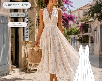 Halter Neck Midi Dress Sewing Pattern, Fit and Flare Sundress (PDF Download)