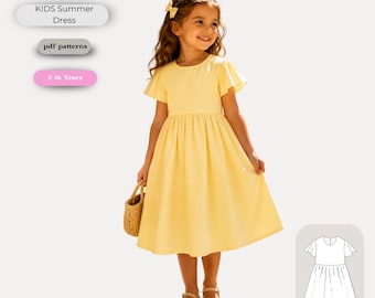 Patrón de costura para vestido de verano con mangas de volantes para niñas (PDF) Edades: 2-16 años