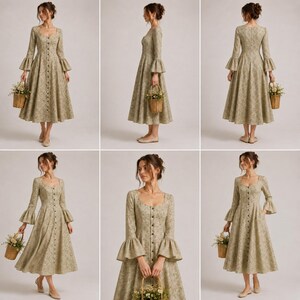 May include: A long-sleeved midi dress in a light beige fabric with a subtle floral pattern. The dress features a button-down front, a scoop neckline, and flared bell sleeves. The skirt has a full, flowing silhouette that reaches below the knees.