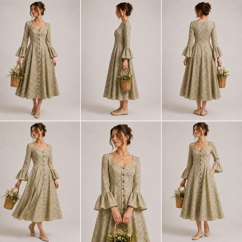 May include: A long-sleeved midi dress in a light beige fabric with a subtle floral pattern. The dress features a button-down front, a scoop neckline, and flared bell sleeves. The skirt has a full, flowing silhouette that reaches below the knees.
