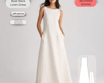 Linen Cottagecore Maxi Dress Sewing Pattern PDF, Boatneck Long Women Dress DIY