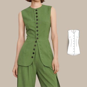 Puede incluir: Una blusa verde sin mangas con botones, cintura ajustada y falda acampanada. La blusa tiene un dibujo lineal de una blusa similar en el lado derecho de la imagen.