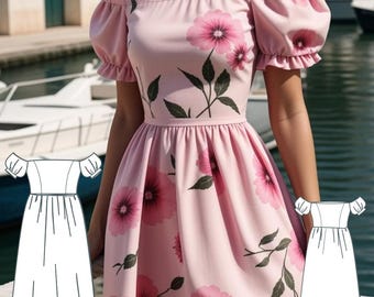 Cottagecore Summer Dress Sewing Pattern, Puff Sleeve Midi (PDF Pattern)