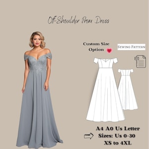 Peut inclure: Patron de couture pour une robe de bal à épaules dénudées. Le patron comprend les tailles françaises 0-30 et XS à 4XL. Le patron est disponible en formats A4, A0 et US Letter. Le patron est disponible en format PDF. Option de taille personnalisée disponible.