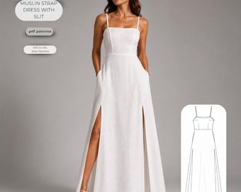 Muslin Strap Dress Sewing Pattern PDF | Maxi Dress with Side Slits | Square Neck Summer Dress | XS-4XL | Instant Download | A4 A0 Letter