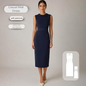Może przedstawiać: Granatowa sukienka midi z okrągłym kołnierzykiem typu bebe, bezrękawnym gorsetem i dopasowaną talią. Tekst na obrazku brzmi Casual Midi Dress, pdf patterns oraz XXS to 4XL Size Options. Dołączono techniczny rysunek liniowy.