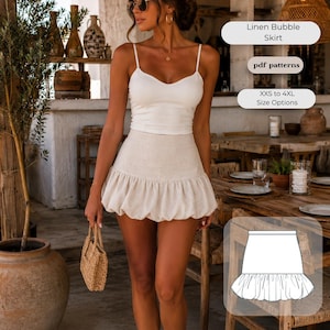 May include: A woman wearing a white camisole top and a beige linen bubble skirt. The skirt has a ruffled hem. Text on the image reads "Linen Bubble Skirt", "pdf patterns", and "XXS to 4XL Size Options".