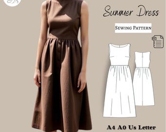 Linen Midi Dress Sewing Pattern: Boat Neck Summer Dress (XS-4XL) (Digital Download)