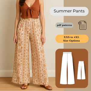 Puede incluir: Una mujer con un top corto marrón y pantalones palazzo beige con estampado floral. La imagen incluye el texto "Summer Pants", "pdf patterns" y "XXS to 4XL Size Options".