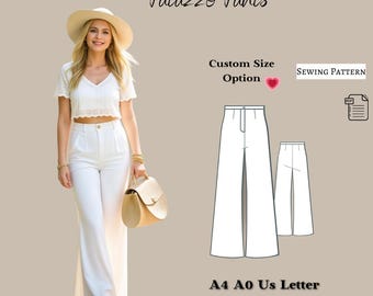 Puede incluir: Un patrón de costura para pantalones palazzo blancos. El patrón incluye las tallas españolas 34-50, XS a 4XL. El patrón está disponible en tamaños A4, A0 y carta de EE. UU. El patrón es para un pantalón de piernas anchas con una abertura frontal.