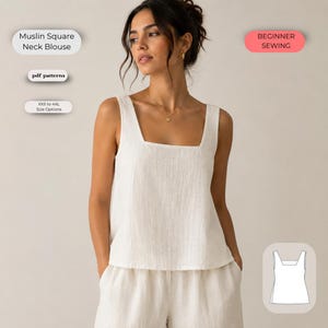 Mönster för blus med fyrkantig halsringning i muslin | Linne i linne PDF (XXS-4XL)