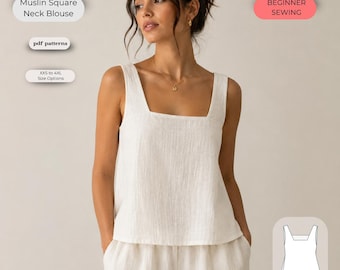 Muslin Square Neck Blouse Sewing Pattern | Linen Tank Top PDF (XXS-4XL)