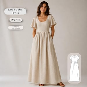 Puede incluir: Un vestido largo de lino beige con escote redondo, mangas cortas con vuelo y cintura fruncida. El texto dice: Linen Boho Dress, pdf patterns y XXS to 4XL Size Options. Se incluye un dibujo lineal del vestido en la imagen.