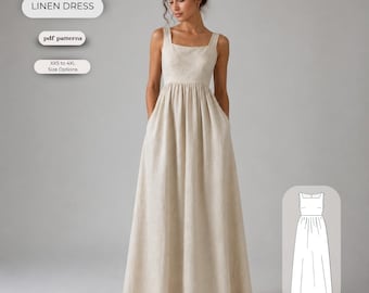 Linen Maxi Dress Sewing Pattern - PDF, Sleeveless Boho Summer Dress with Pockets, Gathered Waist, Sizes XS-4XL