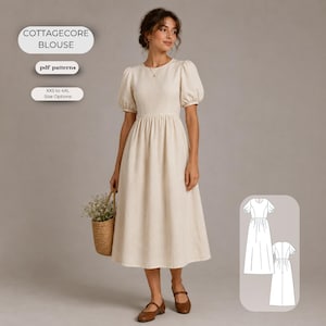 Peut inclure: Une robe midi couleur crème avec des manches courtes bouffantes, une encolure ronde et un corsage ajusté qui se prolonge par une jupe froncée. Le texte sur l'image indique : COTTAGECORE BLOUSE, pdf patterns, et XXS to 4XL Size Options.
