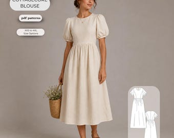 Cottagecore Dress Sewing Pattern, Vintage Midi Summer Dress, Round Neck, XS-4XL