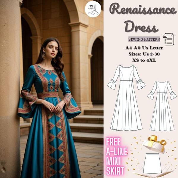 Renaissance Medieval Cosplay Dress Sewing Pattern, Regency Dress, Ball Gown, Prom Dress, Victorian Dress, Fantasy Dress, A4 A0 US, XS-4XL