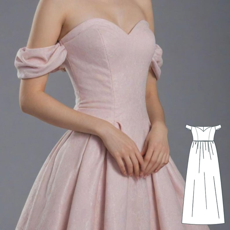 May include: A pink off-the-shoulder dress with a sweetheart neckline and a full skirt.