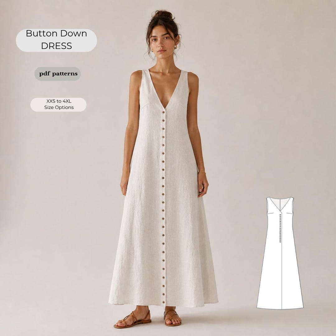 Button Down Maxi Dress Sewing Pattern PDF | Deep V Neck A-line Dress ...