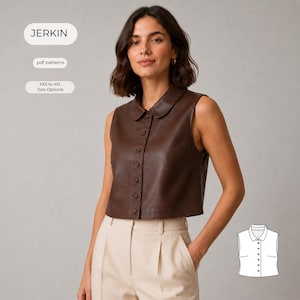 Puede incluir: Un chaleco sin mangas de color marrón oscuro con cuello redondeado y cierre frontal de botones. La prenda presenta un corte corto y un acabado liso. El texto en la imagen incluye JERKIN, pdf patterns y XXS to 4XL Size Options.