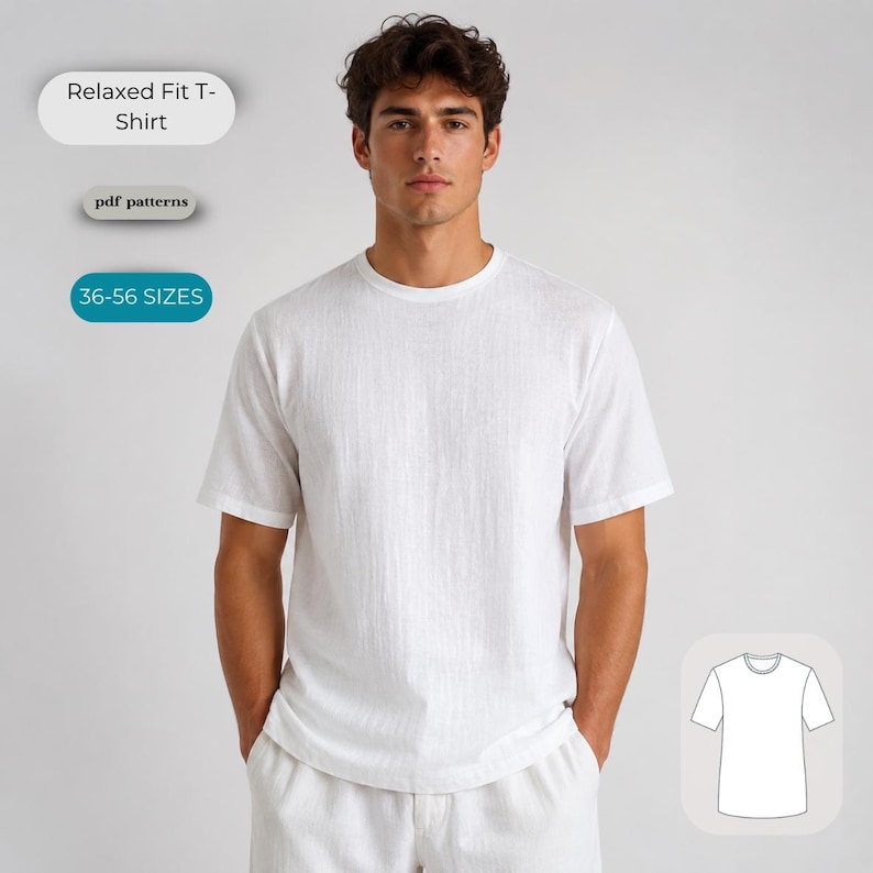 May include: A white short-sleeved t-shirt with a relaxed fit and a crew neckline. The image includes text labels stating Relaxed Fit T-Shirt, pdf patterns, and 36-56 SIZES, along with a small white line drawing of the t-shirt silhouette.