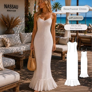 May include: A white beachwear dress with spaghetti straps and a ruffled hem. The dress is shown on a woman standing outdoors. The image also includes a diagram of the dress pattern and the text "Beachwear Dress", "pdf patterns", and "XXS to 4XL Size Options".