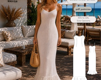 Patrón de costura para vestido largo de playa / Vestido ajustado con tirantes finos y bajo estilo sirena (patrón digital)