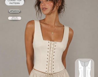 Corset Top Sewing Pattern PDF | Deep Square Neck Lace-Up Corset Pattern | Cottagecore Corset Top | Women's Corset PDF Pattern | XXS-4XL