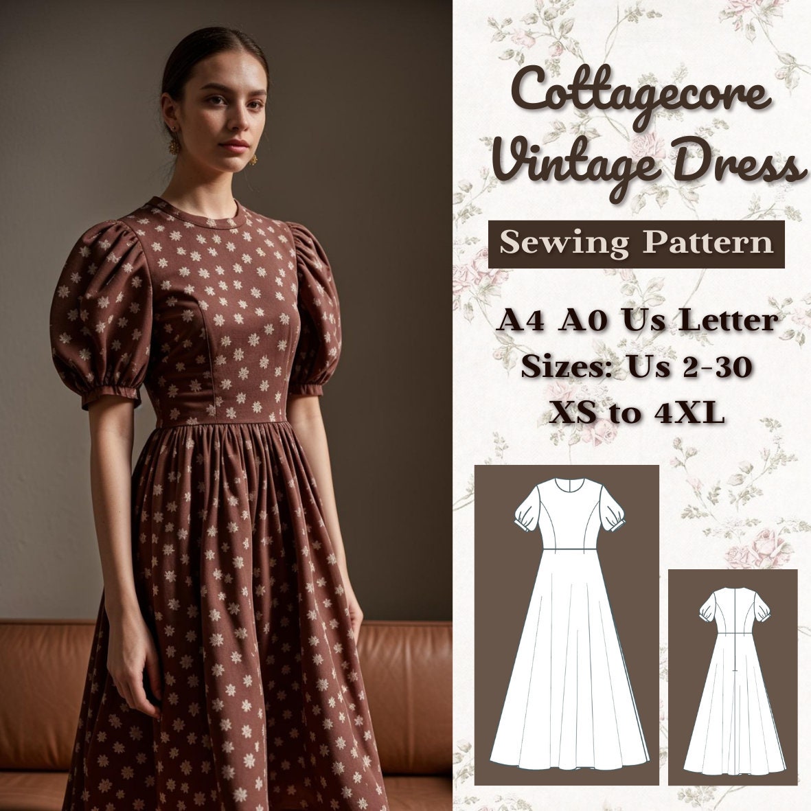 Cottagecore Vintage Dress Sewing Pattern, Renaissance, Regency, Fairy ...