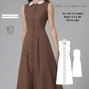 Puede incluir: Un patrón de costura para un vestido marrón con botones y un cuello blanco Peter Pan. El patrón incluye tallas XS a 4XL y está disponible en tamaños A4, A0 y US Letter. El texto "Sewing Pattern" y "PDF" es visible en la imagen.