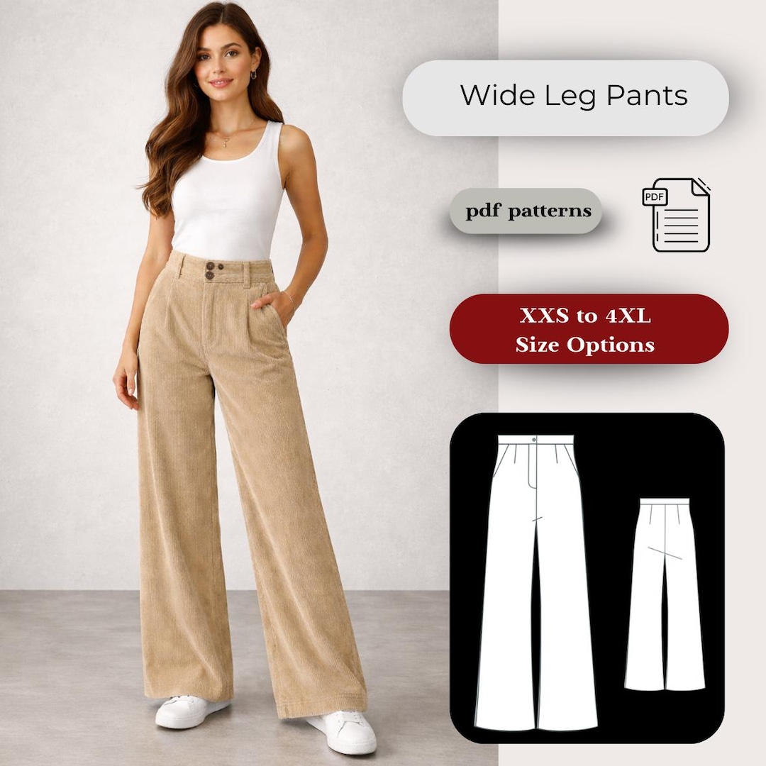Wide Leg Pants Sewing Pattern | High Waisted Trousers, Button Waist ...
