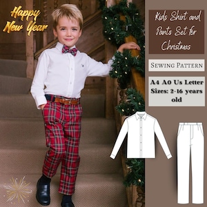 May include: A sewing pattern for a kids' shirt and pants set in sizes 2-16 years old. The pattern is printed on A4 or A0 paper and includes instructions for sewing a white shirt with a bow tie and red plaid pants.