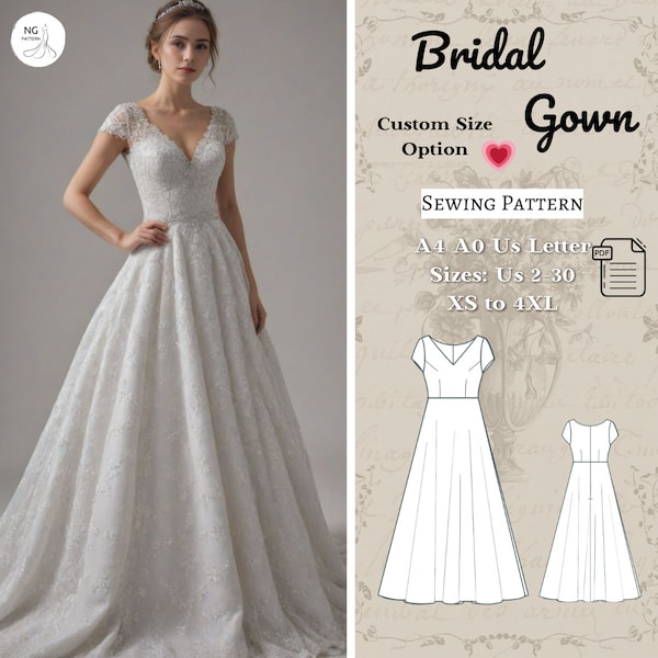 Bridal Gown Sewing Pattern, Cocktail Dress Pattern, Maxi Circle Dress, Evening Gown, Ball Gown, Wedding Dress Sewing Pattern, A4 A0 XS-4XL