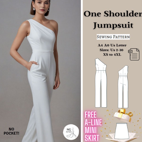 One shoulder jumpsuit sewing pattern, formal jumpsuit, romper pattern, straight leg jumpsuit, evening dress, cocktail dress, XS-4XL